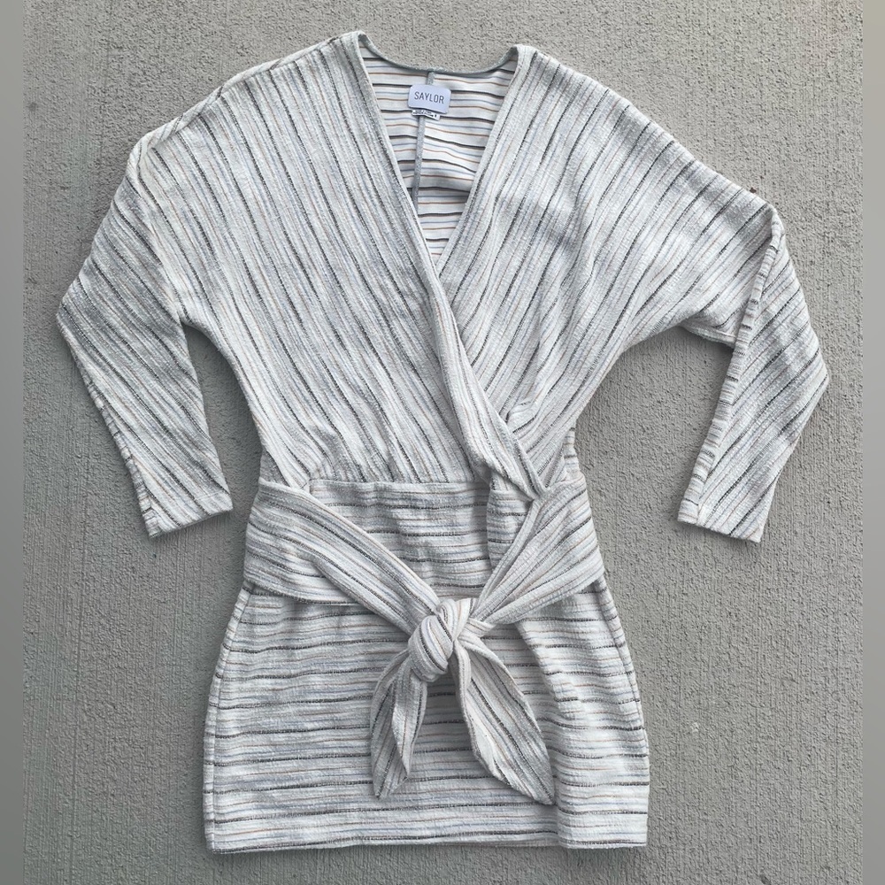SAYLOR Textured Wrap Mini Dress Long Sleeve Neutral Stripe Size S